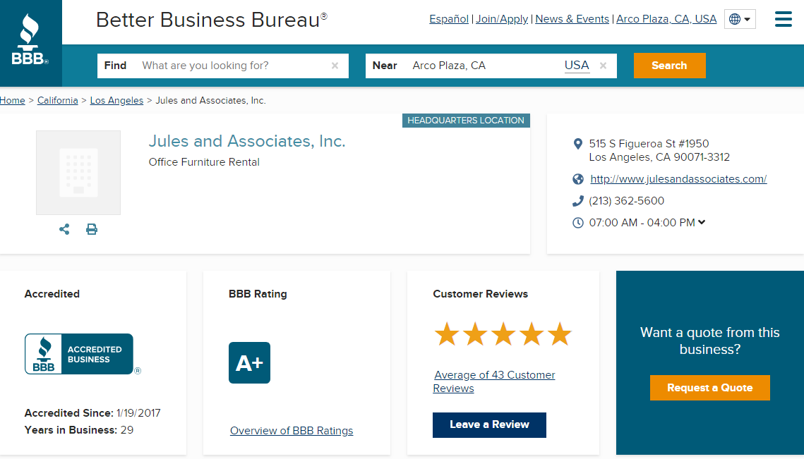 A+ Better Business Bureau Accredited Business - Jules and Associates